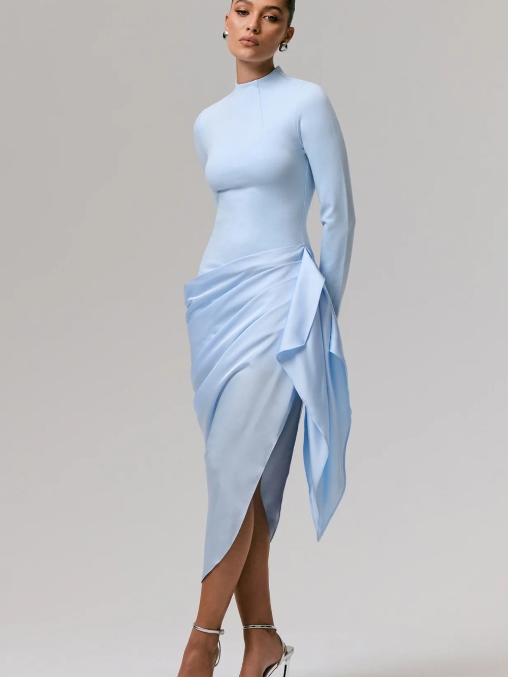 Sleek Powder Blue Long-Sleeve Draped Midi Dress